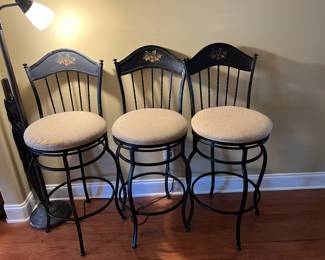 #58	Set of 3 Black Metal w/apples on Back Swivel Barstools (one chair fabric worn off) - 29" Tall Seat Height	 $50.00 			
