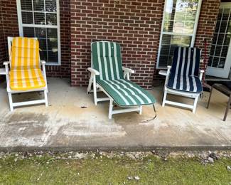 #137	Plastic Lounge Chair w /Yellow Cushion (HKS) - wheels Encased	 $75.00 			
#138	Plastic Lounge Chair w/Blue Cushion (HKS) W/wheels	 $75.00 			
#139	Plastic Lounge Chair w/Green cushion (HKS) Wheels	 $75.00 			
