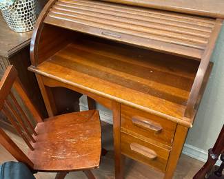 Vintage Children's Size Child's Roll Top Writing Desk and School Chair