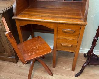 Vintage Children's Size Child's Roll Top Writing Desk and School Chair
