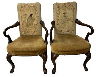 PAIR GEORGE I WALNUT SHEPHERDS CROOK ARM CHAIRS