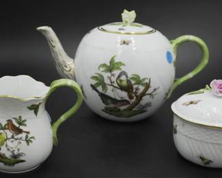 3 PC HEREND ROTHSCHILD BIRD TEAPOT, CREAMER, SUGAR
