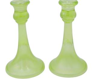 PAIR NORTHWOOD VASELINE TRUMPET CANDLESTICKS