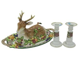 ROYAL HUNT DEER TUREEN, UNDERPLATE, CANDLESTICKS