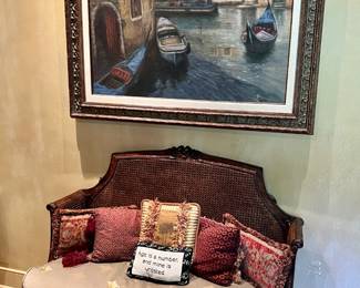 Antique Cane Back Settee & Large Oil Painting
