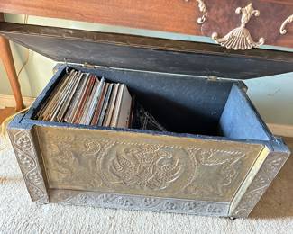Metal chest, vinyl records