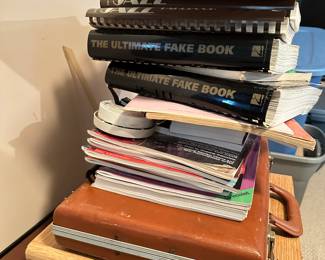 Books, vintage briefcase