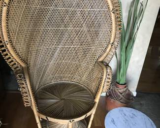 Large wicker chair and marble top side table 