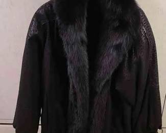 Black Fur Leather Mid Length Coat Medium