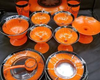 Vibrant Vintage Orange with Black and Silver-Colored Overlay Glass Dish Set