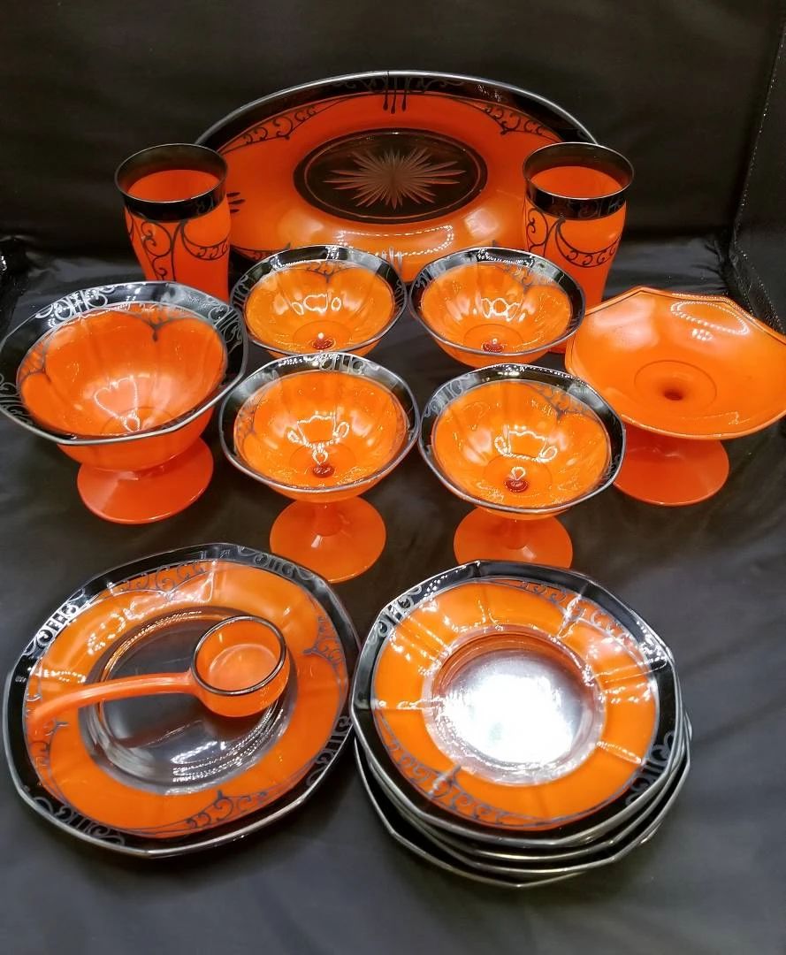 Vibrant Vintage Orange with Black and Silver-Colored Overlay Glass Dish Set