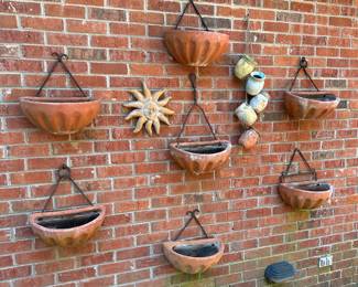 RP10 - $30 EACH. Vintage Terra Cotta Wall Pockets 7 matching - comes with hand forged wall hangers. 