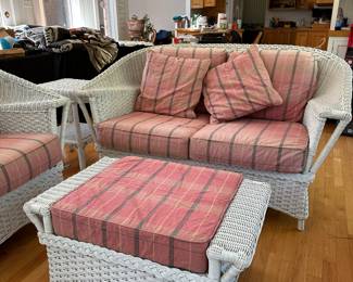 RF1 - $350 Each. Henry Link Wicker Loveseat. (2 available) Very Good vintage condition. Measures 59" at the widest point x 34" Floor to top of Back x 35" deep. (Cushions are sun faded from all of the windows and skylights)