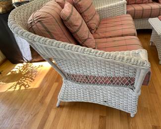 RF1 - $350 Each. Henry Link Wicker Loveseat. (2 available) Very Good vintage condition. Measures 59" at the widest point x 34" Floor to top of Back x 35" deep. (Cushions are sun faded from all of the windows and skylights)