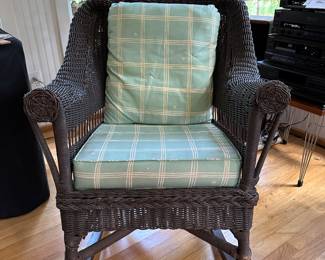 RF4 - $95. Black Wicker Chair (Antique?) Measures 29" wide outside arms. 