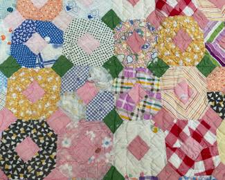 RL4 - Measures 73" x 62". Overall good vintage condition. Some fabrics have more wear than others. 