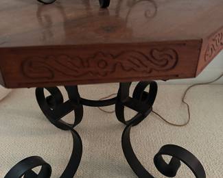 RF17 - Homeowner carved the sides of the table and did the metal work for the base. Measures 23" x 20.5" tall. 