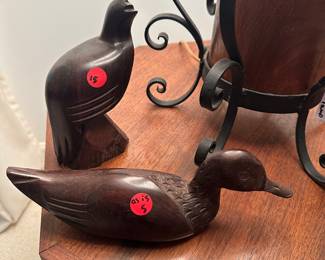 RD31 $15 carved wooden quail. $5 carved wooden duck has been repaired. 