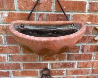 RP10 - $30 EACH. Vintage Terra Cotta Wall Pockets 7 matching - comes with hand forged wall hangers. 