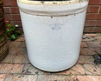 RP46 - $95.  #10 crock with crown stamp. Has 2 small holes drilled in the bottom - no cracks noted. 