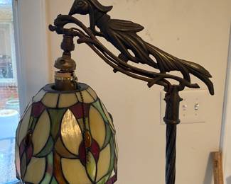 RD38 - $95. Iron Floor Lamp with Stained Glass Shade and Bird carving. 