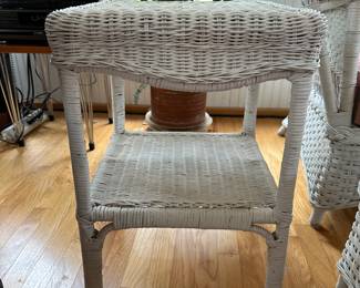 RF3 - $50. White Wicker Side Table measures 16" square x 24" tall. 