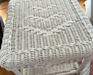 RF3 - $50. White Wicker Side Table measures 16" square x 24" tall. 