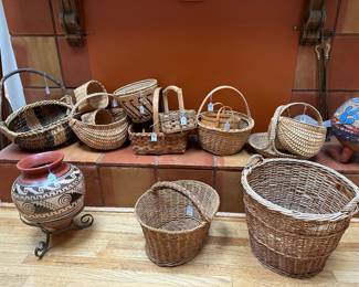 RD56 - $65. Mexican Glazed Pottery with stand. Baskets are priced individually a lot were made by the homeowner. $4 - $30. 