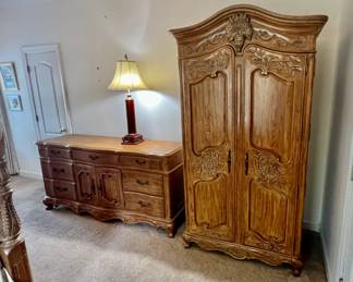 KING Bedframe with spindles, dresser and armoire.  All 3 only $500!  Very high quality wood, like new condition.
