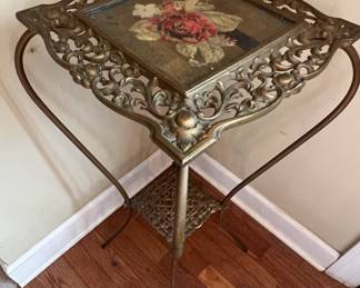 Table - Brass with embroidery under glass $175
