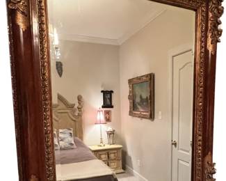 Mirror- 19th Century Rococo style bevelled mirror with beautiful gold leaf and swag decoration around the rectangular frame.  39 x 48 $450