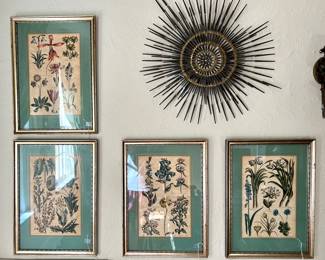 Antique botanicals and Brutalist wall hanging (by Valeries Dad!)