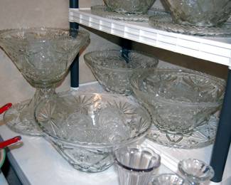 Lots of Pressed Glass Punch Bowls an glassware