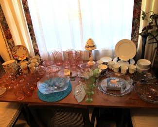 Large collection of fine china, dinnerware, Mikasa, & antique pink & green depression glass.