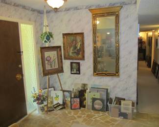 Tall hanging gilded vintage wall mirror, vintage framed & unframed fine art