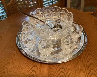 Godinger crystal punch bowl with 6 cups and ladle on a huge silverplate tray