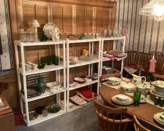 Holiday dishes, linens, and assorted serving pieces 