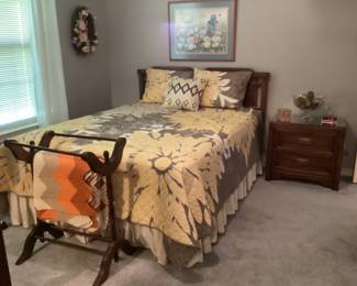 Thomasville queen bed with cute coverlet and matching nightstand 