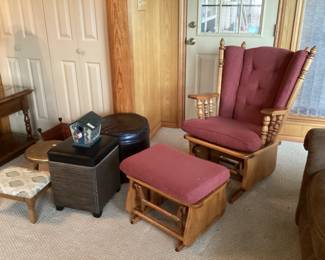 Glider rocker with footstool and several other storage ottomans and footstools