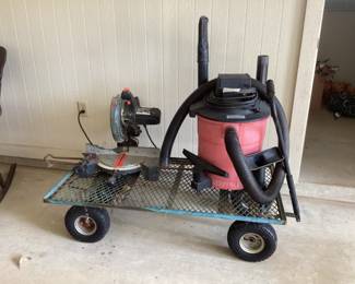 Garden cart, miter saw, and shop vac