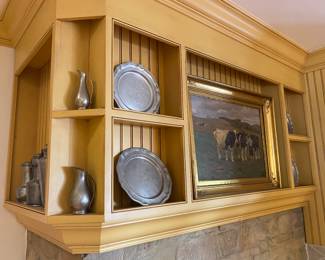 Pewter plates, pitchers, mugs, Cow oil painting