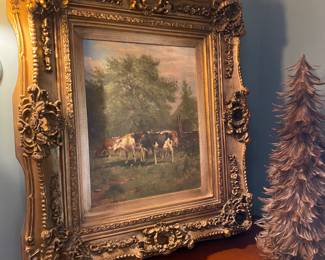 Cow oil painting with gold ornate frame