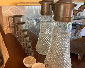 Cut crystal decanter with pewter lids, pewter tankard set