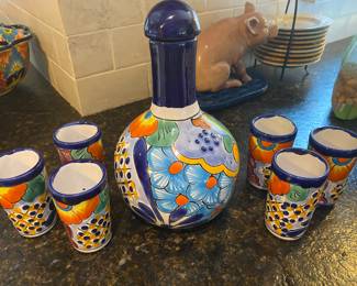 Mexican Talavera tequila decanter and shot glass set