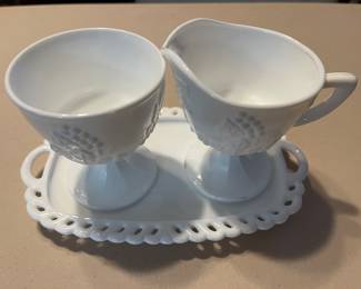 Vintage Indiana Glass Harvest Grape Milk Glass Cream/Sugar/Tray Set