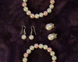 Vintage Pink & White Faux Pearl Bracelets w/ 2 Sets Pink Faux Pearl Earrings