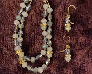 Vintage Napier Blue Glass Double Strand Bracelet w/ Matching Earrings