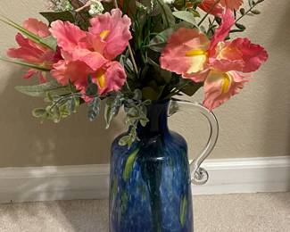 Vintage Large Hand Blown Blue Water Art Glass Pitcher (obviously used as a vase here 🤪)