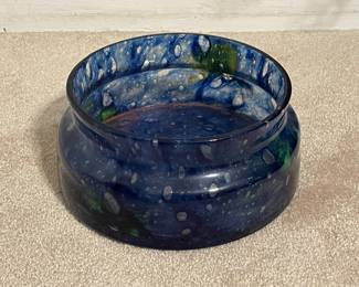 Vintage Hand Blown Blue Water Art Glass Bowl