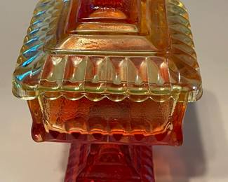 Vintage Jeanette Amberina Footed Covered Candy Dish